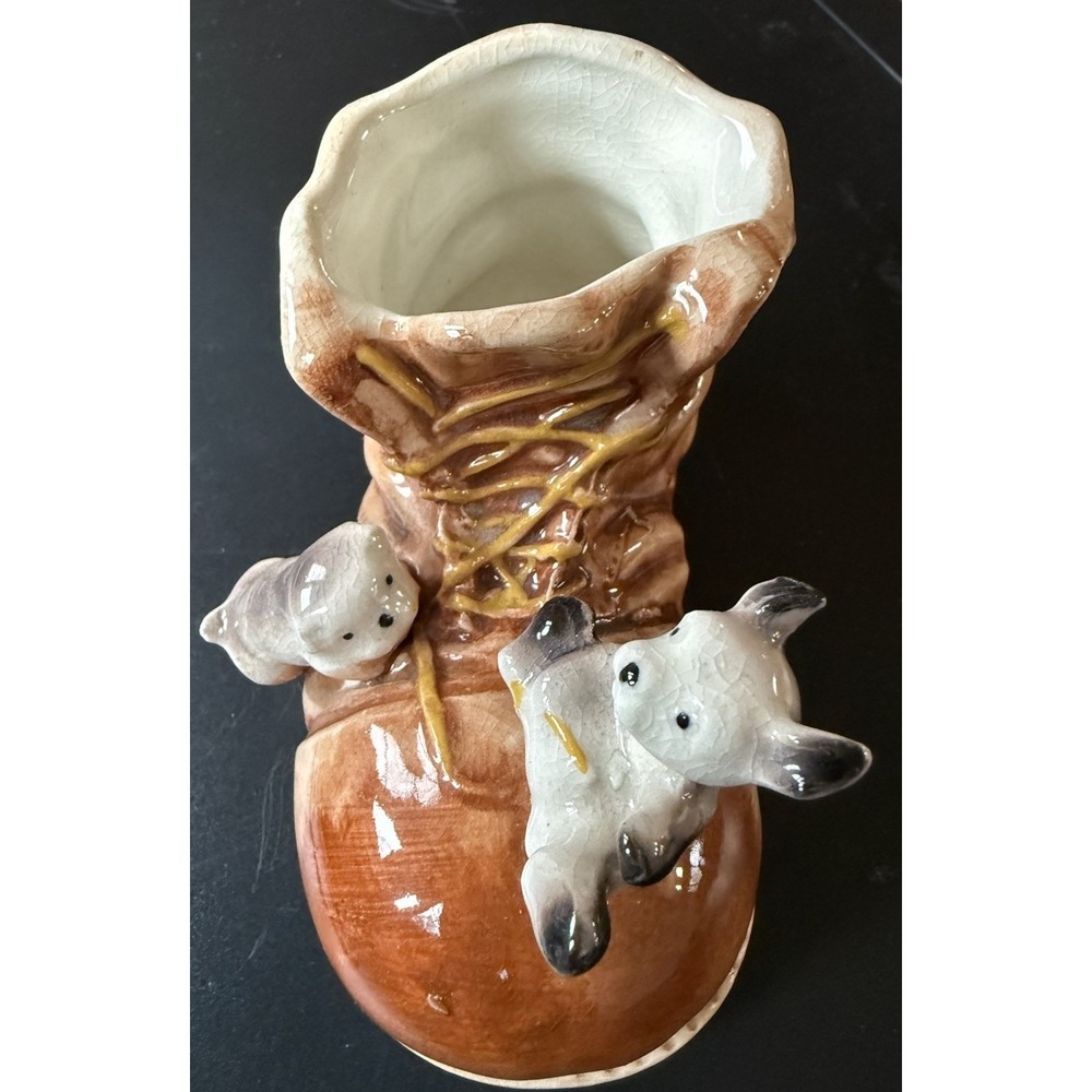 Nikoniko Handpainted boot with Puppies Planter Or Catch All Japanese Import